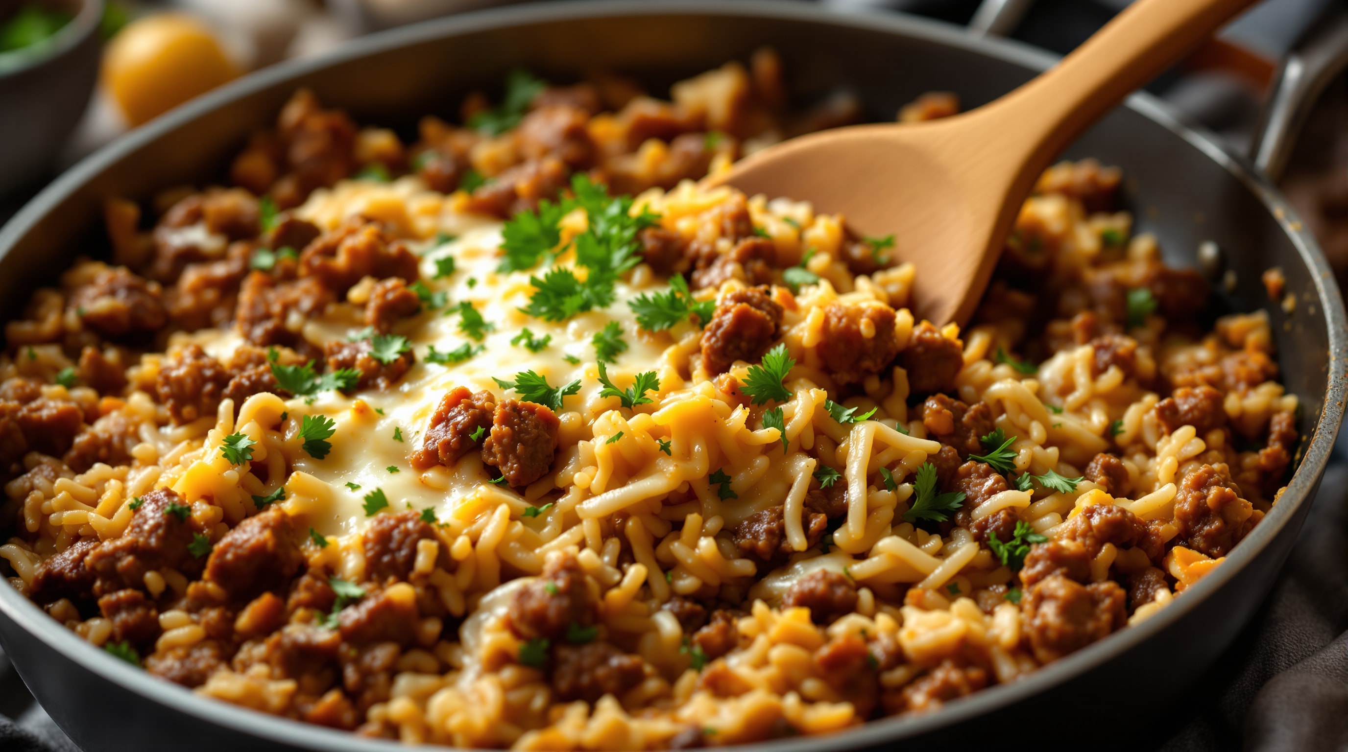 A skillet of ground beef and rice
