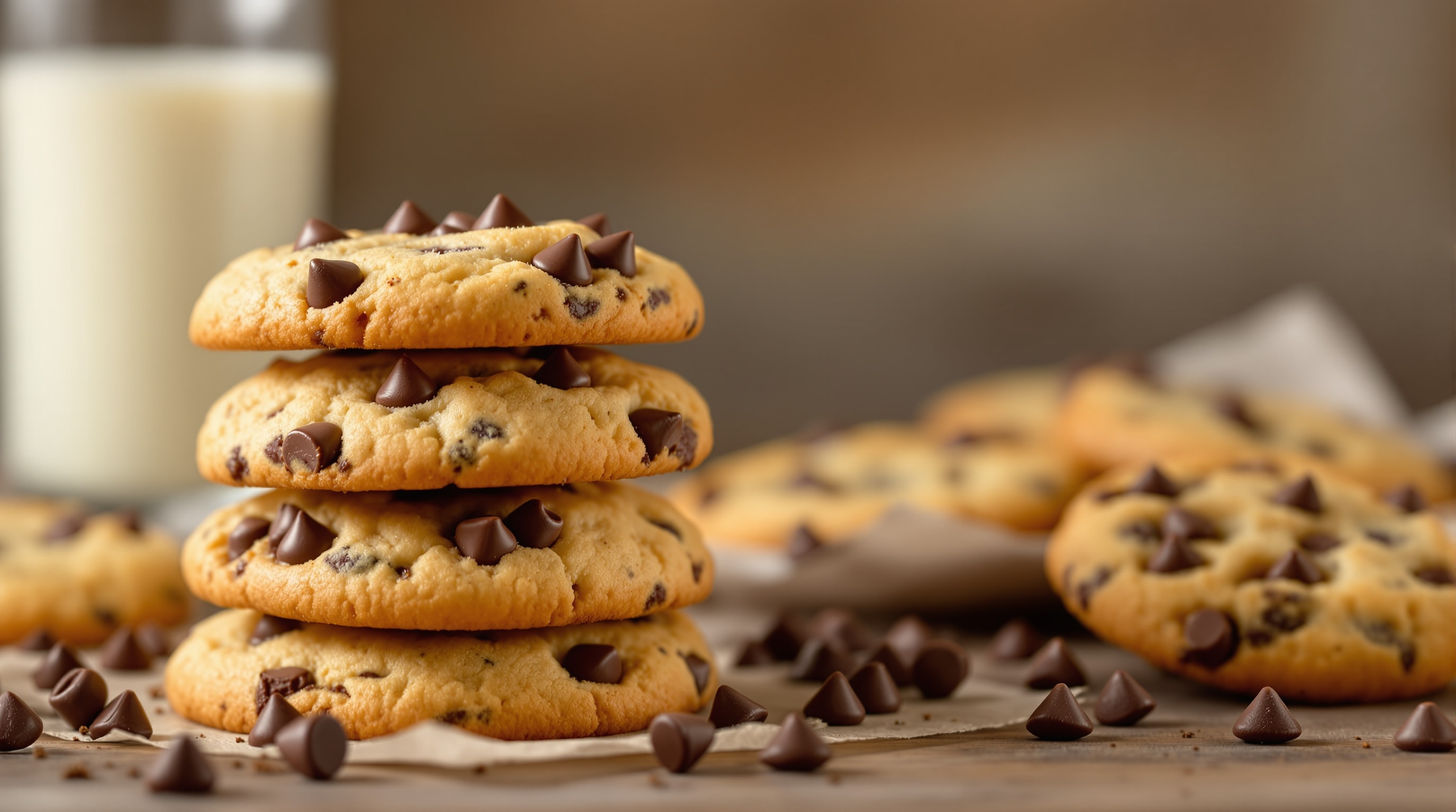 A stack of homemade chocolate chip cookies