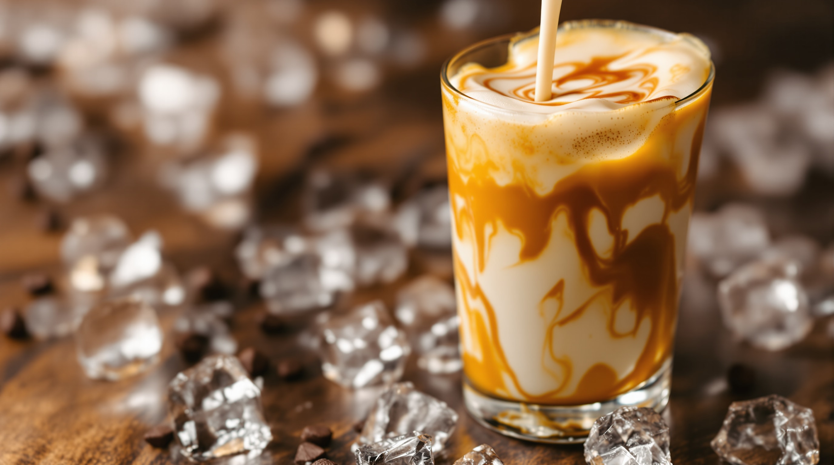 An iced shaken espresso with milk being poured in