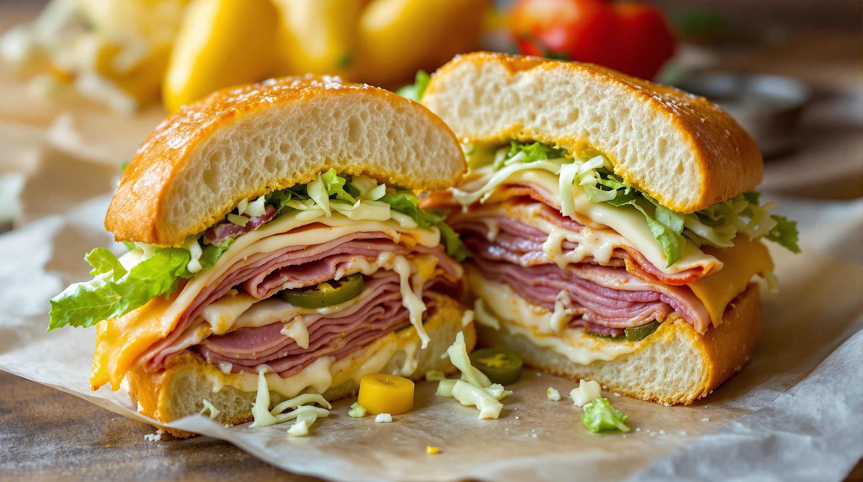 A loaded grinder sandwich cut in half