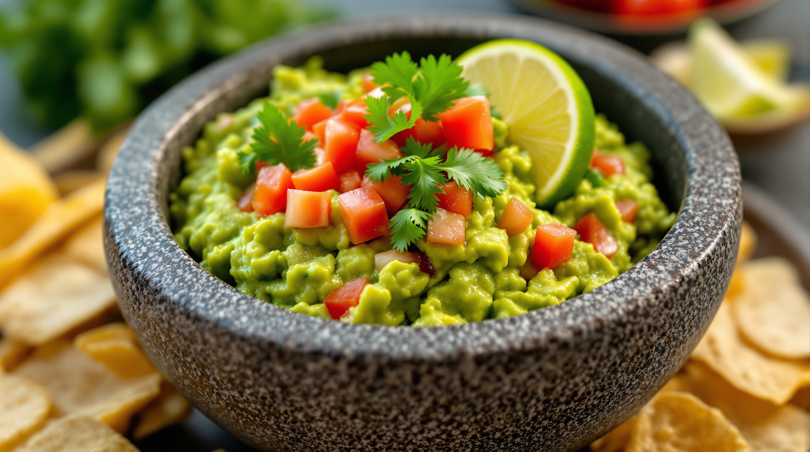 A bowl of fresh spicy guacamole with chips