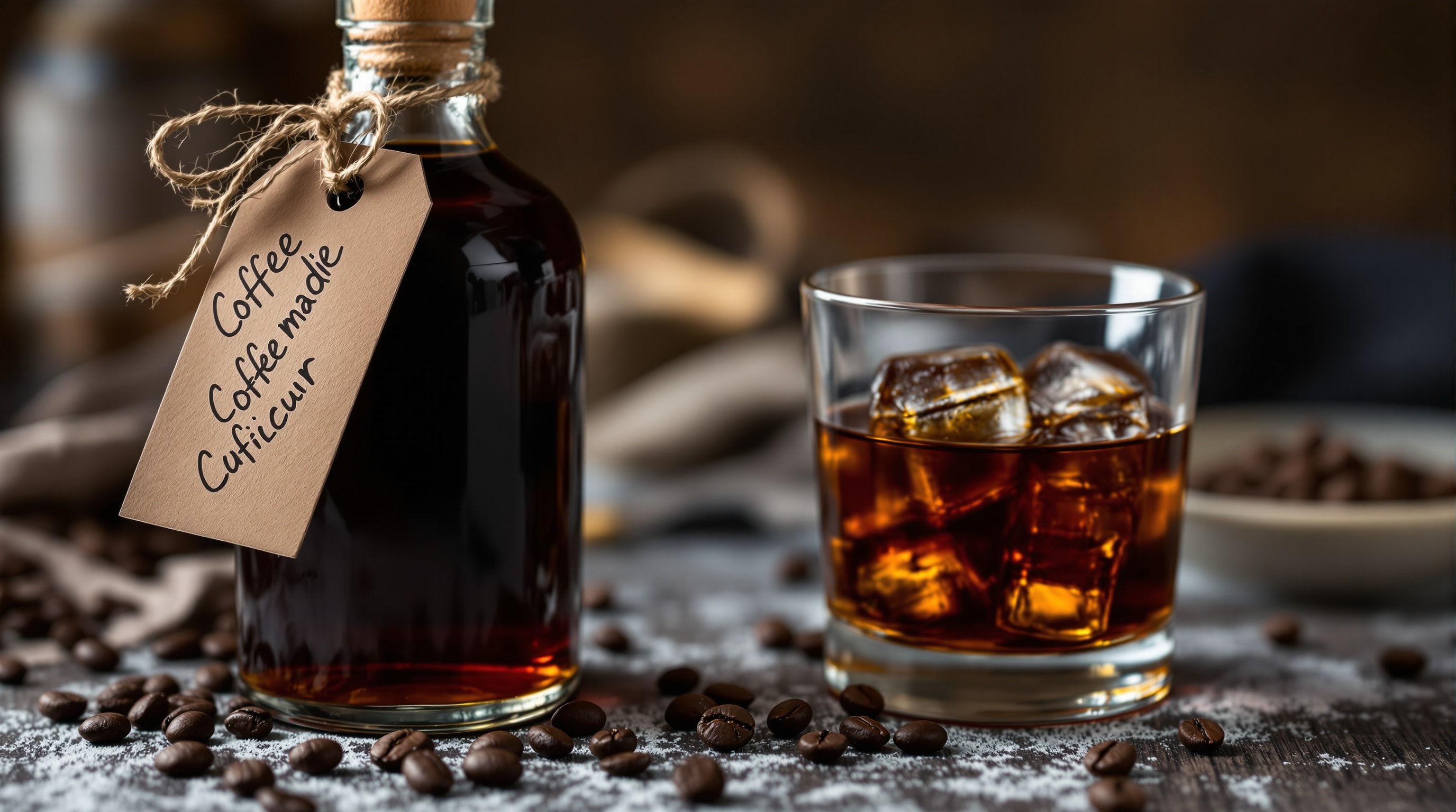 A bottle of homemade coffee liqueur with a gift tag