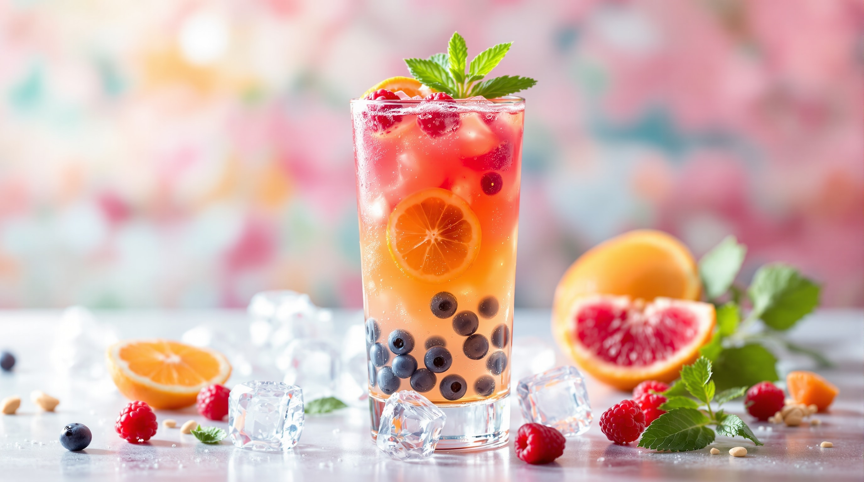 A colorful loaded tea drink over ice